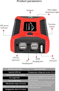 Jumpstarter Auto 12V Draagbaar Rood/Zwart