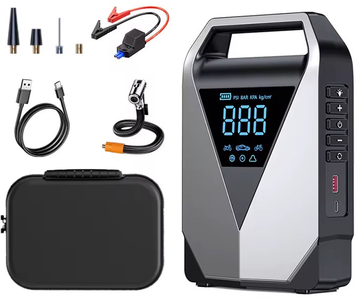 De Jumpstarter Met Compressor Voor Auto Met Led Zaklamp En Startkabels in één oogopslag