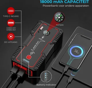 Professionele Accustarter Auto 1500A 18000mAh Zwart/Rood