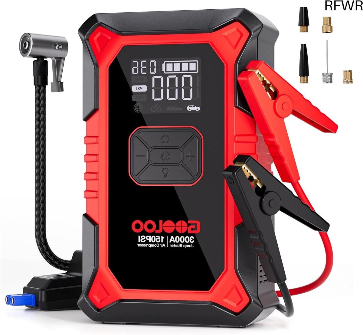 De RFWR Jumpstarter 3000A met Luchtcompressor en Acculader in één oogopslag