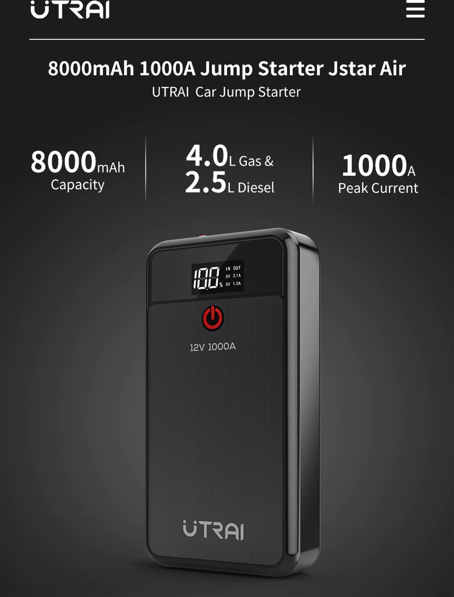 Utrai 12V Jump Starter 10000mAh 1000A 4-in-1