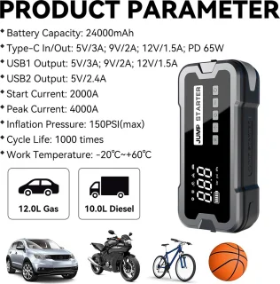 Woegel A2 12V Jumpstarter 24000mAh 4000A Zwart-grijs