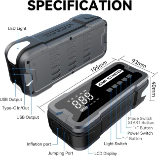 Woegel A2 12V Jumpstarter 24000mAh 4000A Zwart-grijs