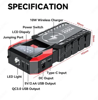 Woegel Jumpstarter 12V 23800mAh 2500A 7in1 inclusief opbergcase