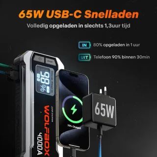 Wolfbox Jumpstarter 4000A 24000mAh met Adapter en Snellader