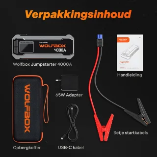 Wolfbox Jumpstarter 4000A 24000mAh met Adapter en Snellader
