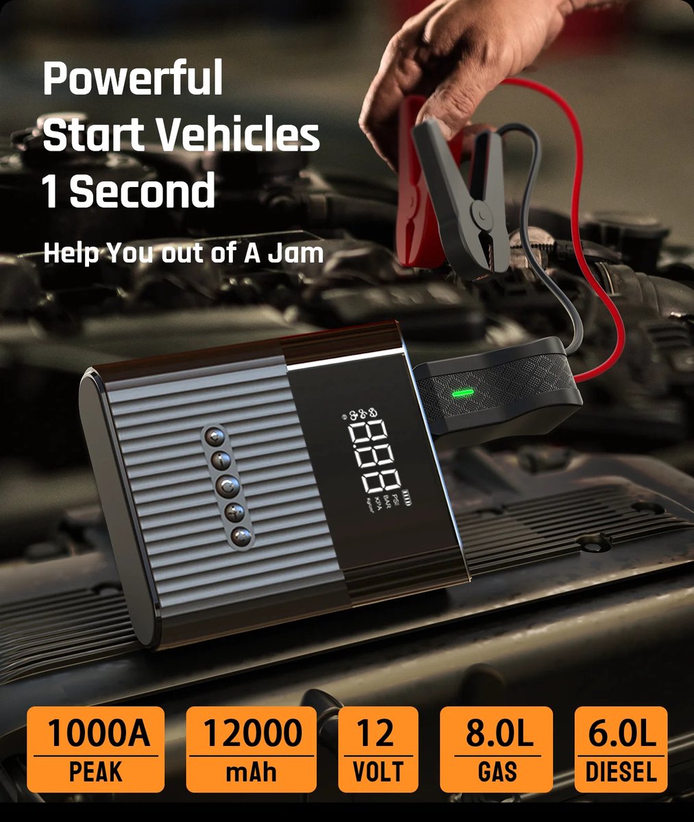 De Xcruiser Licheers 12V Portable Jump Starter & Air Compressor 8800mAh in één oogopslag