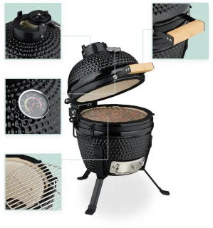 Kamado barbecue - Ø 26 cm - keramisch - met thermometer - deksel - zwart