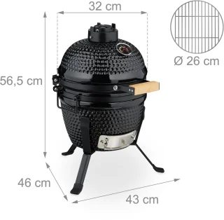 Kamado barbecue - Ø 26 cm - keramisch - met thermometer - deksel - zwart