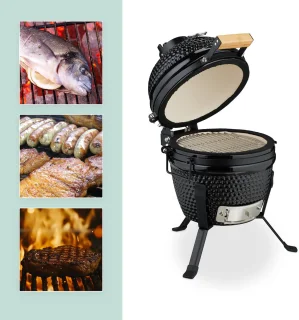 Kamado barbecue - Ø 26 cm - keramisch - met thermometer - deksel - zwart