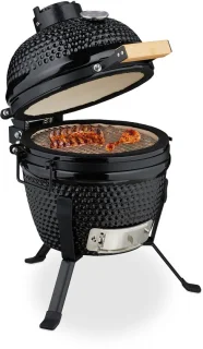 Kamado barbecue - Ø 26 cm - keramisch - met thermometer - deksel - zwart