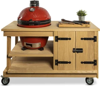 Eiken tafel met kast + Kamado Joe Classic/Big Joe barbecue - Rood
