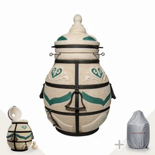 Tandoor Dastarkhan (klapdeksel) – Keramische houtgestookte buitenoven met 12 XL-spiesen en accessoires, 113 cm