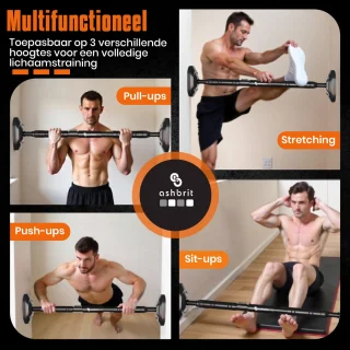 ASHBRIT® Pull Up Bar - Optrekstang Fitness - Chin Up Bar - 200 KG draagkracht - Eenvoudige installatie - Zwart - 70 tot 100 cm