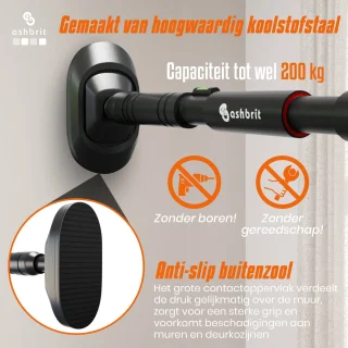 ASHBRIT® Pull Up Bar - Optrekstang Fitness - Chin Up Bar - 200 KG draagkracht - Eenvoudige installatie - Zwart - 70 tot 100 cm