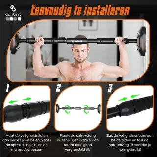 ASHBRIT® Pull Up Bar - Optrekstang Fitness - Chin Up Bar - 200 KG draagkracht - Eenvoudige installatie - Zwart - 70 tot 100 cm