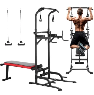 CINK Fitness – Power Tower Multifunctioneel met Opvouwbare Fitnessbank & Weerstandsbanden | Dip Station, Optrekstang & Krachtstation | Thuisgym tot 200 kg | Zwart/Rood