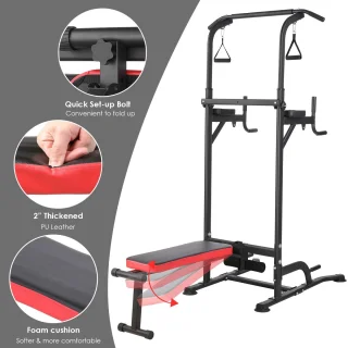 CINK Fitness – Power Tower Multifunctioneel met Opvouwbare Fitnessbank & Weerstandsbanden | Dip Station, Optrekstang & Krachtstation | Thuisgym tot 200 kg | Zwart/Rood