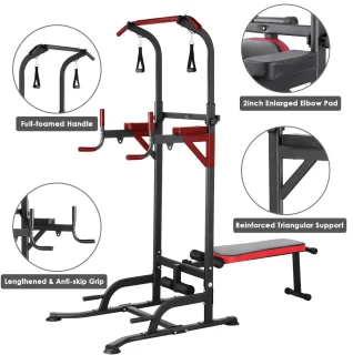 CINK Fitness – Power Tower Multifunctioneel met Opvouwbare Fitnessbank & Weerstandsbanden | Dip Station, Optrekstang & Krachtstation | Thuisgym tot 200 kg | Zwart/Rood