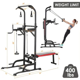 CINK Fitness – Power Tower Multifunctioneel met Opvouwbare Fitnessbank & Weerstandsbanden | Dip Station, Optrekstang & Krachtstation | Thuisgym tot 200 kg | Zwart/Rood
