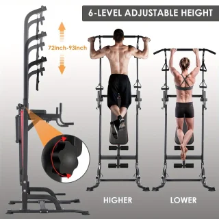 CINK Fitness – Power Tower Multifunctioneel met Opvouwbare Fitnessbank & Weerstandsbanden | Dip Station, Optrekstang & Krachtstation | Thuisgym tot 200 kg | Zwart/Rood