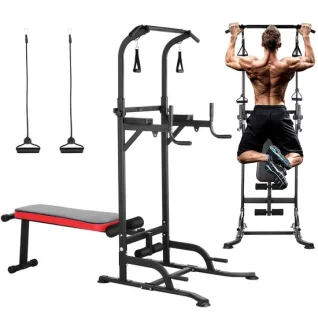 CINK Fitness – Power Tower Multifunctioneel met Opvouwbare Fitnessbank & Weerstandsbanden | Dip Station, Optrekstang & Krachtstation | Thuisgym tot 200 kg | Zwart/Rood