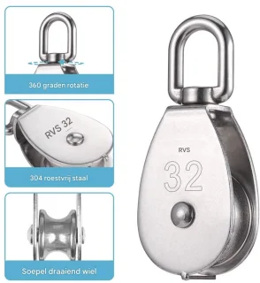 Tovbmup 32mm Pulley - 2-Pack - M32 Rope Pulley - Stainless Steel Pulley - Single Housing - Rope Pulley Roller - Indoor and Outdoor Use - 250 kg Load Capacity - Silver
