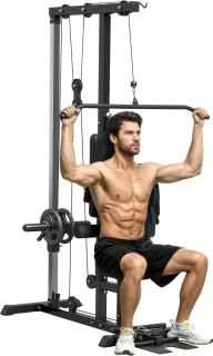 Fitnessbank met lat pulldown machine voor bovenlichaamstraining