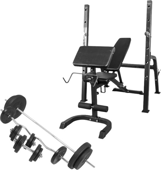 Gorilla Sports Halterbank met Squat Rack en 100 kg Set 30 mm Zwart