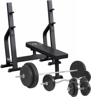 Gorilla Sports Halterbank Vlak + 100 kg Halterset kunststof