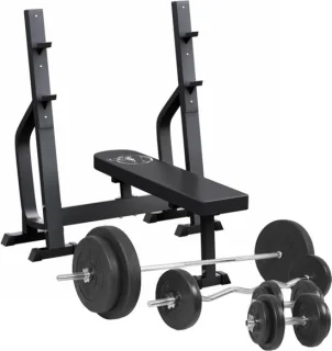 Gorilla Sports Halterbank Vlak + 100 kg Halterset kunststof
