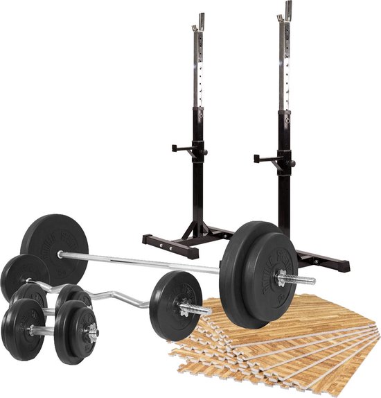 Gorilla Sports Halterset 100 kg met Squat Bankdruksteunen en Vloermatten