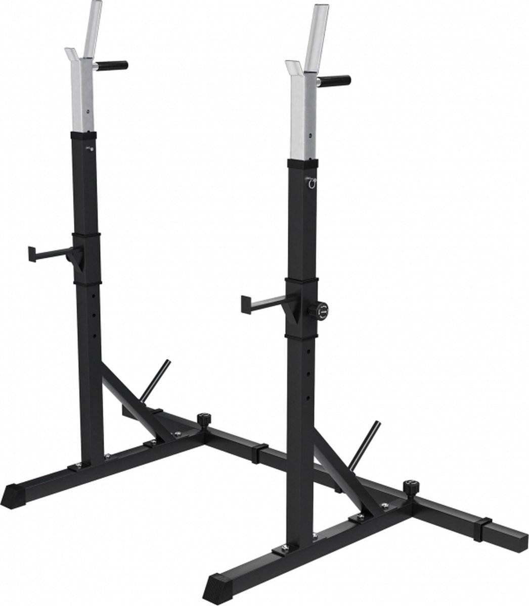 De Gorilla Sports verstelbaar squat rack met dipsteunen en safety spotters in één oogopslag