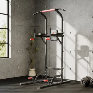 MEUNIQ Power Tower dip station met klimstang, 7-voudig verstelbaar krachtstation met rug- en elleboogkussens, 4 zuignappen voor thuisgym, rood en zwart