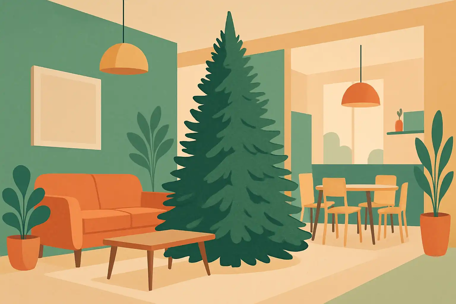 Kunstkerstbomen als ruimtedelers: zo gebruik je één boom om een open woonkamer sfeervol in te delen