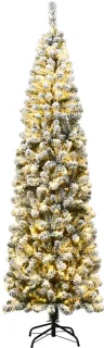 225 cm Potlood Kunstkerstboom met Sneeuw en Warm Witte LED-verlichting, Metalen Standaard, PVC Naalden, Opvouwsysteem, Groen