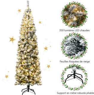 225 cm Potlood Kunstkerstboom met Sneeuw en Warm Witte LED-verlichting, Metalen Standaard, PVC Naalden, Opvouwsysteem, Groen