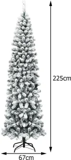 225 cm Potlood Kunstkerstboom met Sneeuw en Warm Witte LED-verlichting, Metalen Standaard, PVC Naalden, Opvouwsysteem, Groen