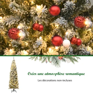 225 cm Potlood Kunstkerstboom met Sneeuw en Warm Witte LED-verlichting, Metalen Standaard, PVC Naalden, Opvouwsysteem, Groen