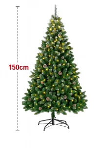 Kunstkerstboom met LED-verlichting – 150 cm – Met Sneeuwlook & Echte Dennenappels – Stevig & Brandveilig – Compacte Luxe Kunstboom