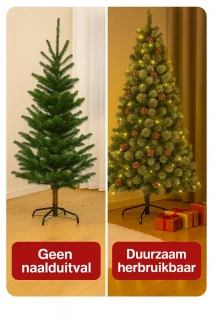 Kunstkerstboom met LED-verlichting – 150 cm – Met Sneeuwlook & Echte Dennenappels – Stevig & Brandveilig – Compacte Luxe Kunstboom