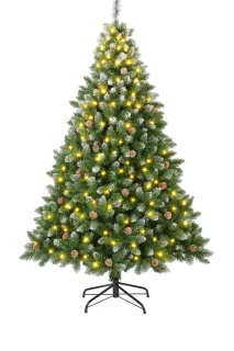 Kunstkerstboom met LED-verlichting – 150 cm – Met Sneeuwlook & Echte Dennenappels – Stevig & Brandveilig – Compacte Luxe Kunstboom