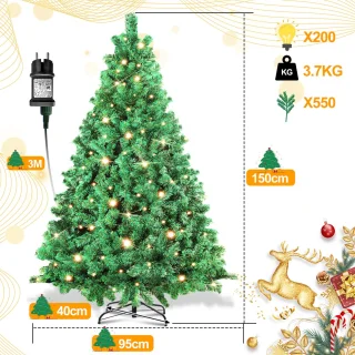 Kunstkerstboom - 200 led lampjes - Kunstboom - PVC naalden - Metalen standaard - Inklapsysteem - Kerstmis - Feestdagen - Kerstboom - Groen-150 cm