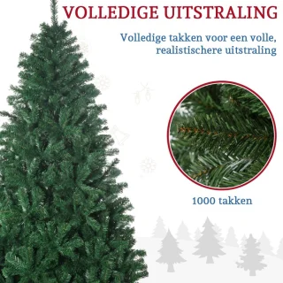 1x Kunstkerstboom - 1000 Takken Gedecoreerde Kerstboom - PVC Natuurlijk Design - Stabiele Metalen Voet 1,8m