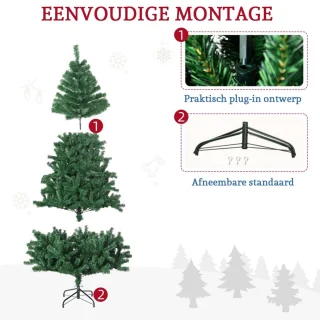 1x Kunstkerstboom - 1000 Takken Gedecoreerde Kerstboom - PVC Natuurlijk Design - Stabiele Metalen Voet 1,8m