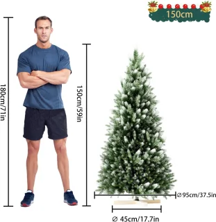 PVC Kunstkerstboom 150 Cm Met Houten Voet - Grote Realistische Kerstboom Met Sneeuwspray, Stevig Houten Voetstuk, Feestdecoratie