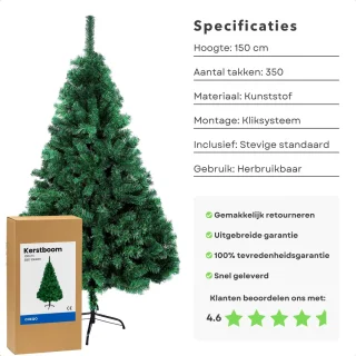 Cheqo® Kunstkerstboom 180 cm - 650 Takken - Duurzame Materialen - Herbruikbare Kerstboom - Inclusief Standaard - Flexibele Takken - Groene Kunstkerstboom - Stabiele Kerstboom - Kerstboom Zonder Verlichting - Kerstboom Voor Woonkamer