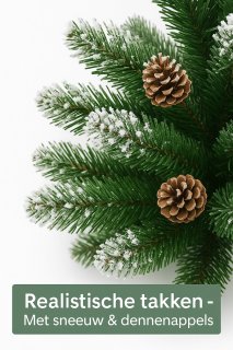 Wat vinden we goed aan de Kunstkerstboom met sneeuw – 120cm – Realistische kunstboom met dennenappels – Inclusief metalen standaard