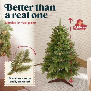 Kunst Kerstboom 90 cm - Realistisch en Dichte Takken - Inclusief Houten Stand en Opbergzak