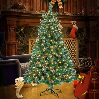 Kunstkerstboom Met Verlichting, 210cm Kunstspar Met Sneeuw En Dennenappels, Edele Spar Snelle Montage, Inclusief Kerstboomstandaard